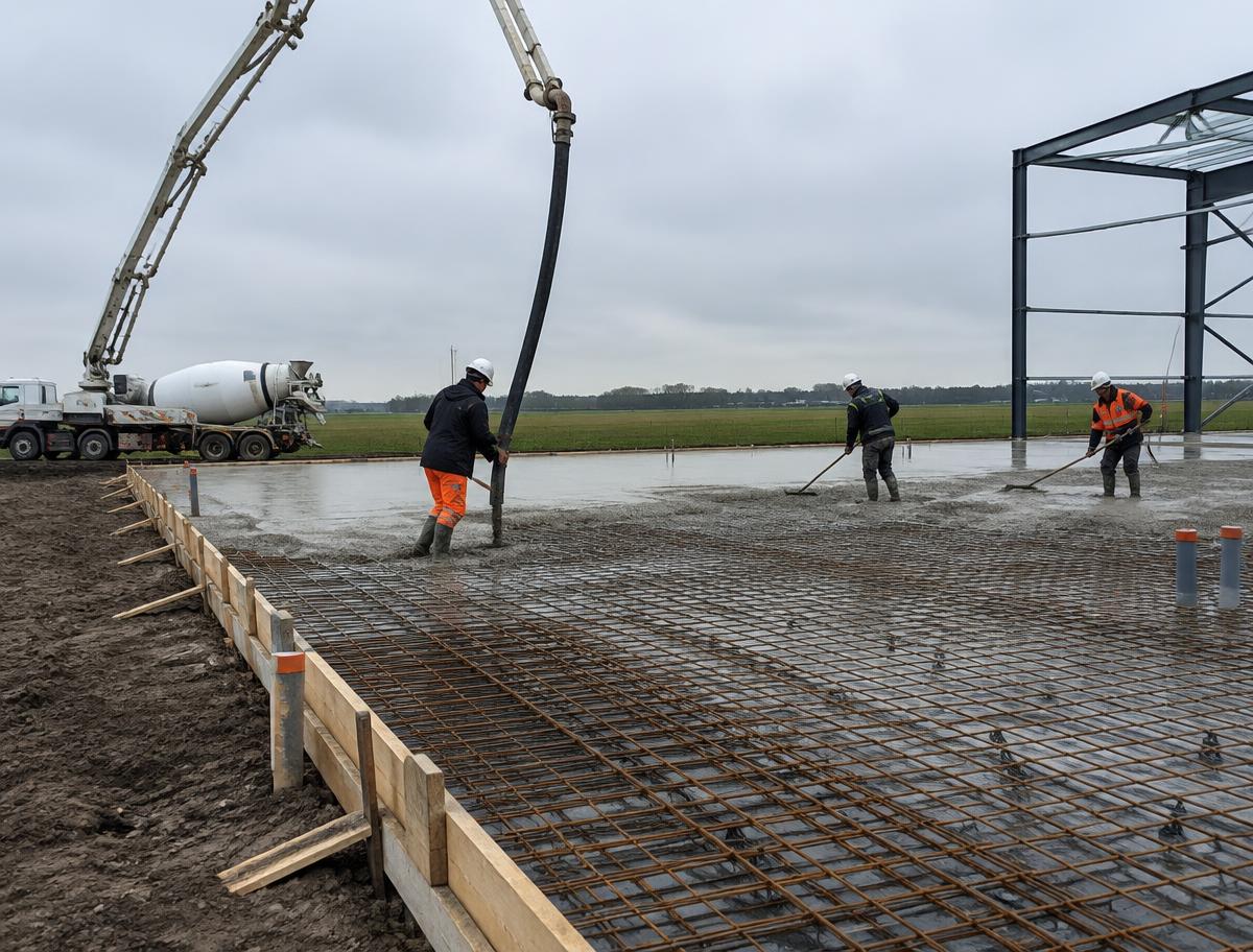 Betonvloer wordt gestort op wapeningsnetten voor een bedrijfshal